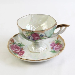 Vintage Lusterware Iridescent Pedestal Teacup & Saucer Roses Gold Trim
