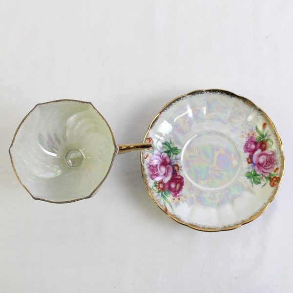 Vintage Lusterware Iridescent Pedestal Teacup & Saucer Roses Gold Trim