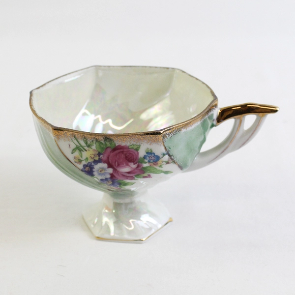 Vintage Lusterware Iridescent Pedestal Teacup & Saucer Roses Gold Trim