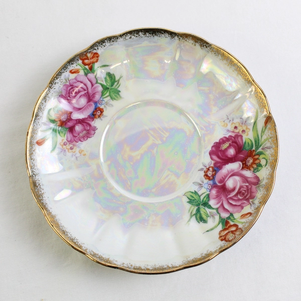 Vintage Lusterware Iridescent Pedestal Teacup & Saucer Roses Gold Trim