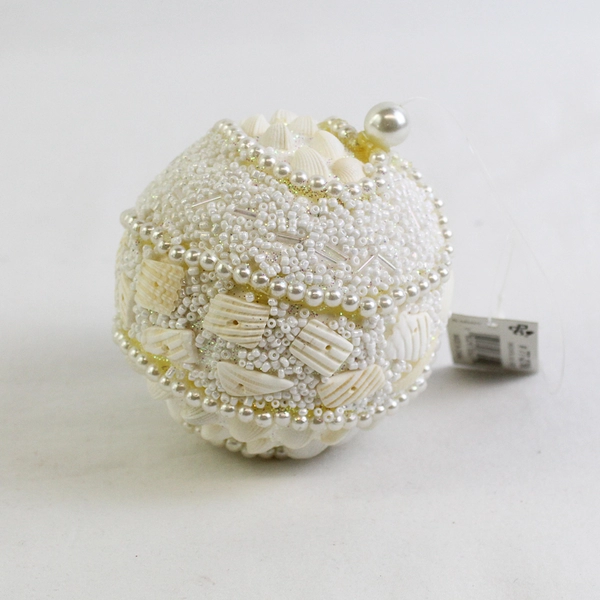 Sea Shells White Bell Beaded Faux Pearl Faceted Christmas Ornament Round