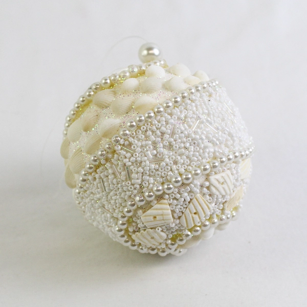 Sea Shells White Bell Beaded Faux Pearl Faceted Christmas Ornament Round