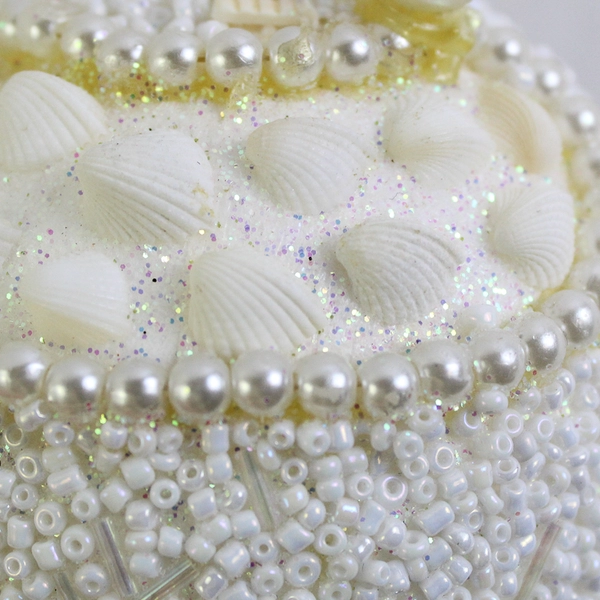 Sea Shells White Bell Beaded Faux Pearl Faceted Christmas Ornament Round