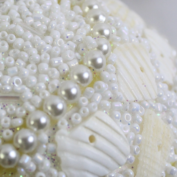 Sea Shells White Bell Beaded Faux Pearl Faceted Christmas Ornament Round