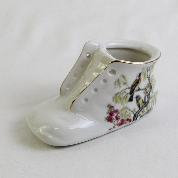 Vintage White Porcelain Baby Bootie Shoe with Painted Birds & Gold Trim