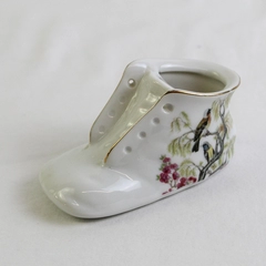 Vintage White Porcelain Baby Bootie Shoe with Painted Birds & Gold Trim
