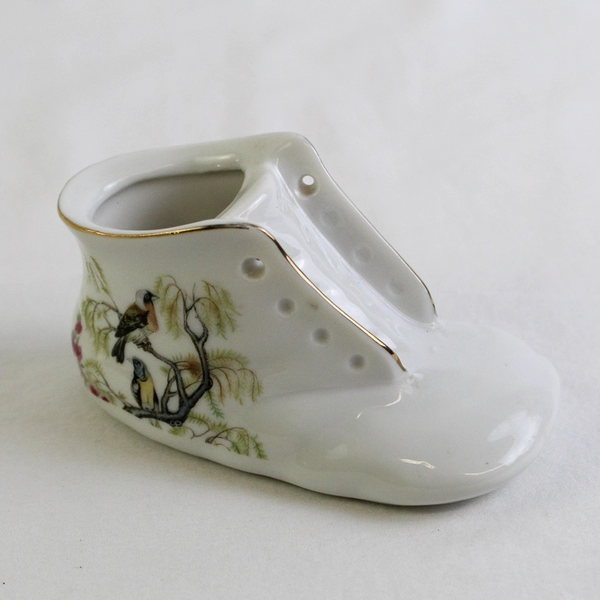 Vintage White Porcelain Baby Bootie Shoe with Painted Birds & Gold Trim