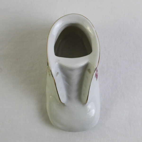 Vintage White Porcelain Baby Bootie Shoe with Painted Birds & Gold Trim