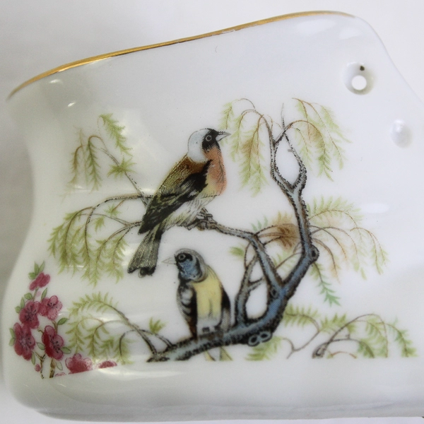 Vintage White Porcelain Baby Bootie Shoe with Painted Birds & Gold Trim