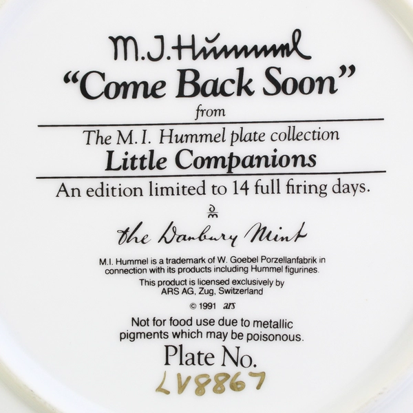 Vintage Hummel Plate 8" Danbury Mint “Come Back Soon” Little Companions 1991