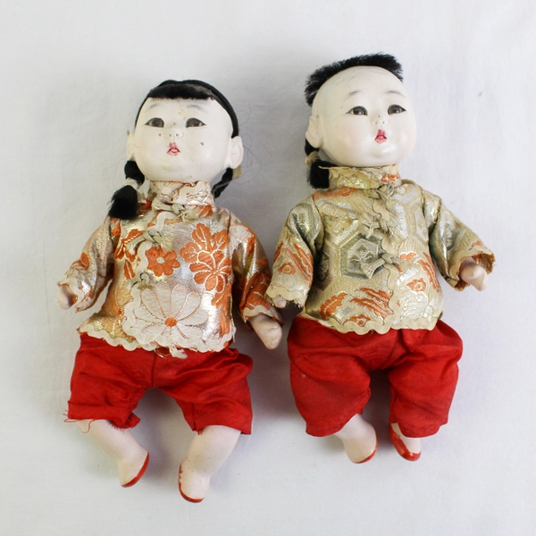 Vintage Asian Boy and Girl Doll Lot For Repair Parts Pieces