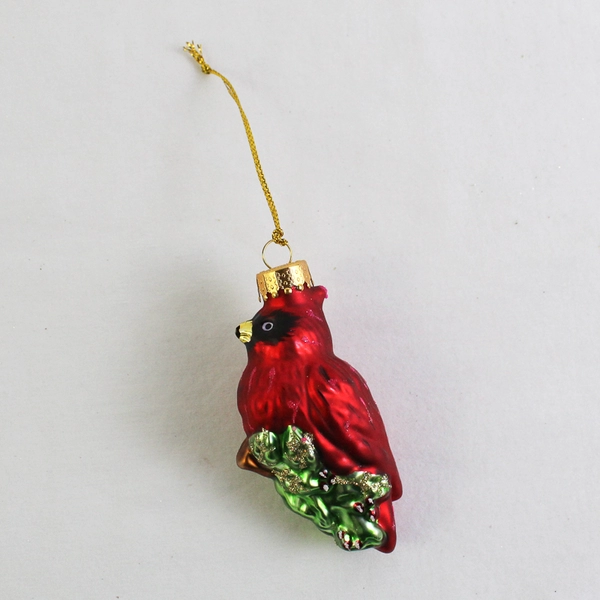 Cardinal on Holly Blown Glass Christmas Ornament 3.5”