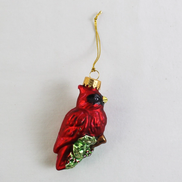Cardinal on Holly Blown Glass Christmas Ornament 3.5”