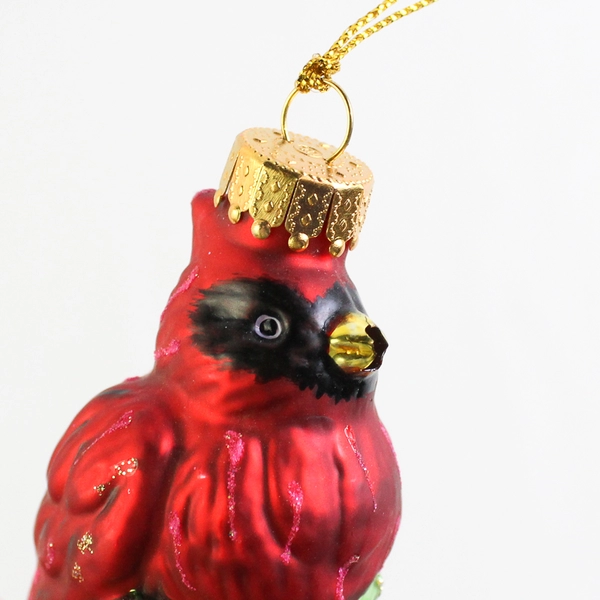 Cardinal on Holly Blown Glass Christmas Ornament 3.5”