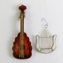 Lot of 2 Unbranded Instrument Ornaments Guitar and Capiz Shell Harp