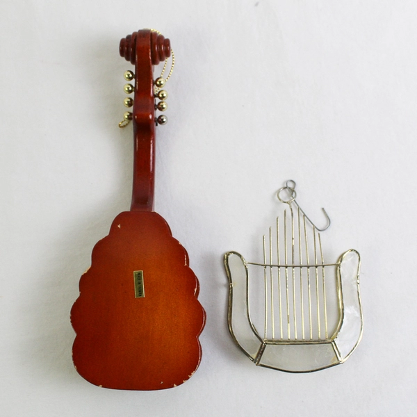 Lot of 2 Unbranded Instrument Ornaments Guitar and Capiz Shell Harp
