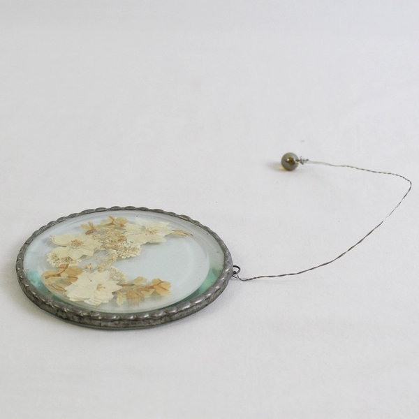 Vintage Unbranded Pressed Dried Flowers in Hanging Glass Silver Medallion Frame