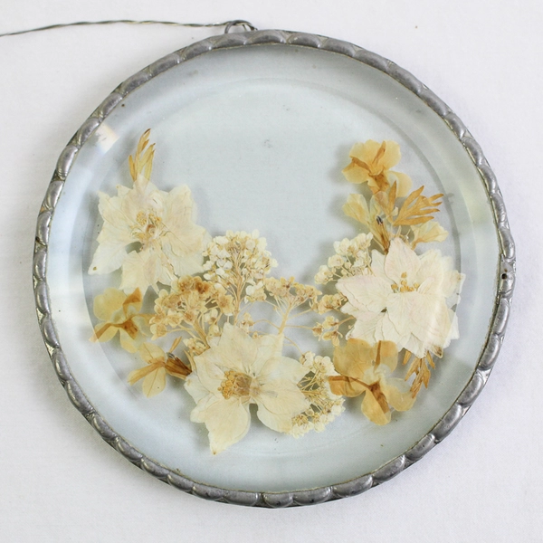 Vintage Unbranded Pressed Dried Flowers in Hanging Glass Silver Medallion Frame