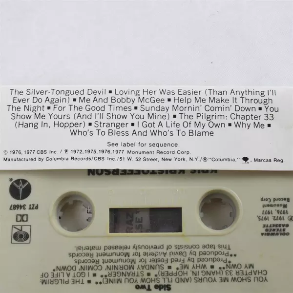 Kris Kristofferson Songs Of Kristofferson Cassette Tape