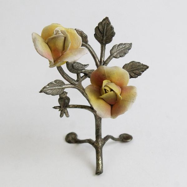 Metal Ornament Tree with Birds and Yellow Roses, 6"x4"