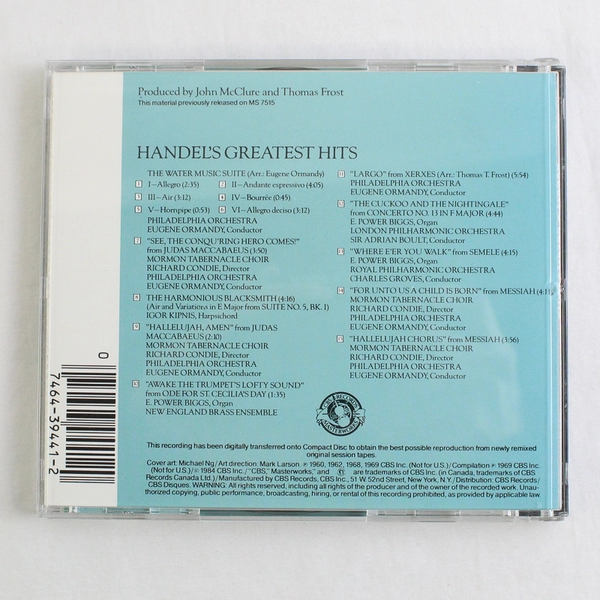 Handel's Greatest Hits CD, Various Artists #MLK 39441  1984