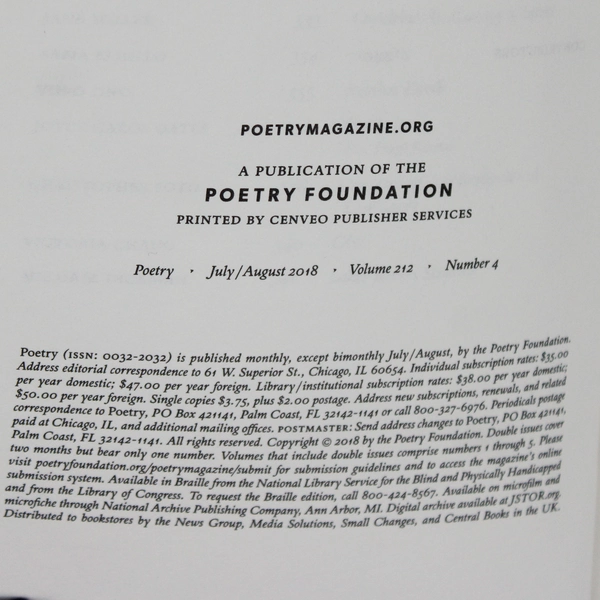 Poetry Magazine July/August 2018 Volume 212 Issue 4 Featuring Yoko Ono