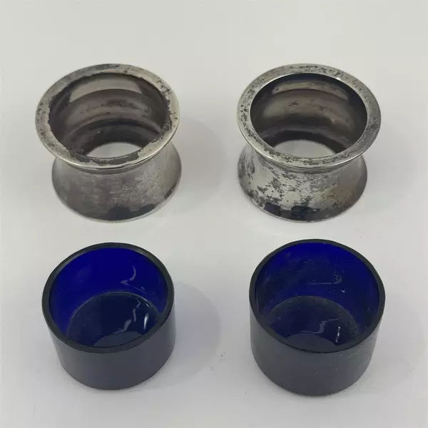 Set Of 2 Silver Open Salt Cellars Cobalt Blue Inserts Birmingham England 1912