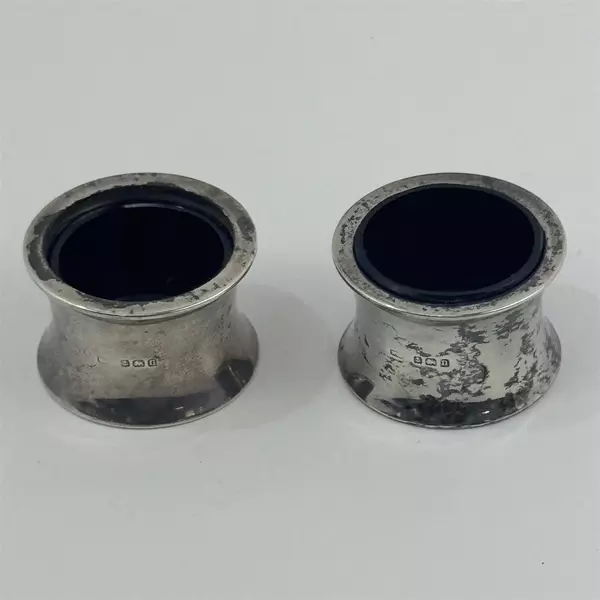Set Of 2 Silver Open Salt Cellars Cobalt Blue Inserts Birmingham England 1912