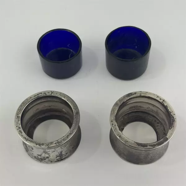 Set Of 2 Silver Open Salt Cellars Cobalt Blue Inserts Birmingham England 1912