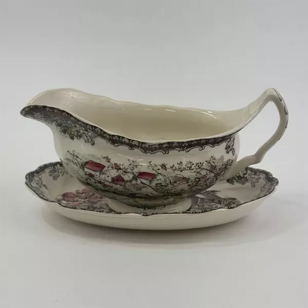 VTG Johnson Brothers The Friendly Village The Well Gravy Boat And Under Plate