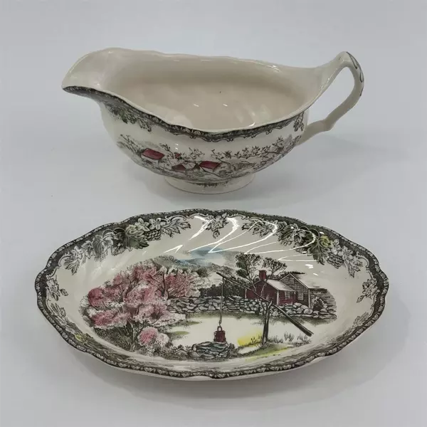 VTG Johnson Brothers The Friendly Village The Well Gravy Boat And Under Plate