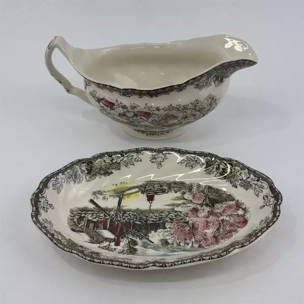 VTG Johnson Brothers The Friendly Village The Well Gravy Boat And Under Plate