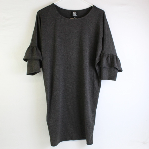 Bobeau Charcoal Gray Ruffle 3/4-Sleeve Knee-Length Shirt Dress Women's XS