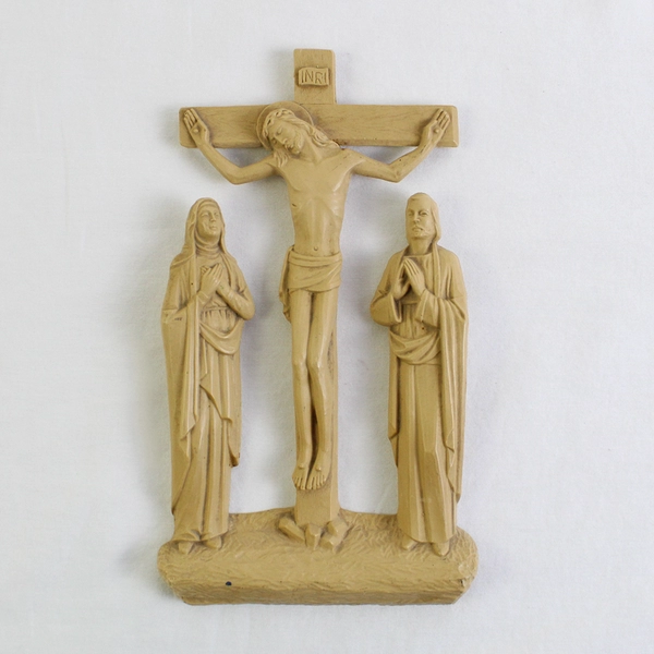  Vintage Crucifix Plaque INRI Jesus on the Cross Mary and St. John Beige Resin