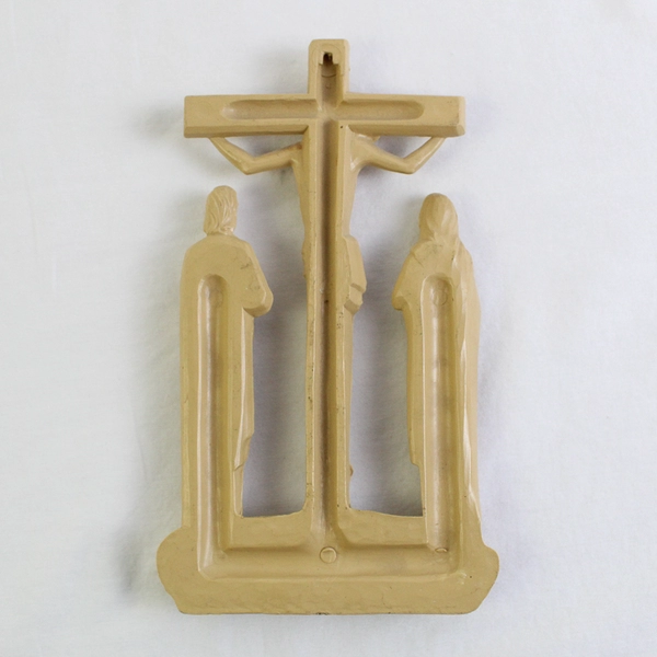  Vintage Crucifix Plaque INRI Jesus on the Cross Mary and St. John Beige Resin