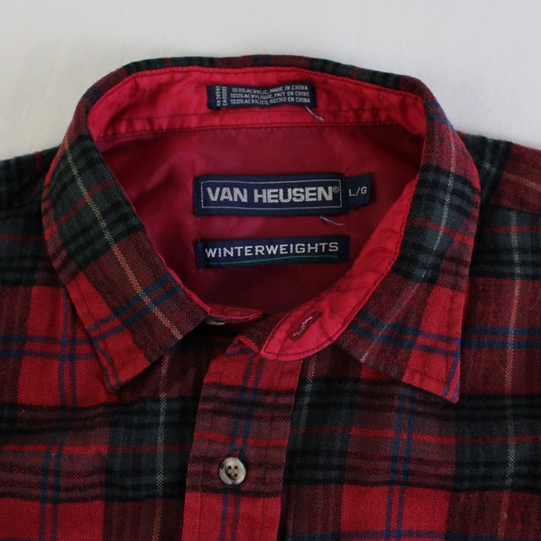 Van Heusen Men's L Winter Weights Red Plaid Flannel Button Up Shirt