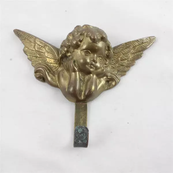 Vintage Solid Brass Angel Cherub Wings Key Hook Wall Hanger 4.5" x 5"