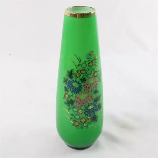 Bohemian Emerald Green Glass Bud Vase 8" Hand-Painted Floral Gilt Detail