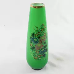 Bohemian Emerald Green Glass Bud Vase 8" Hand-Painted Floral Gilt Detail