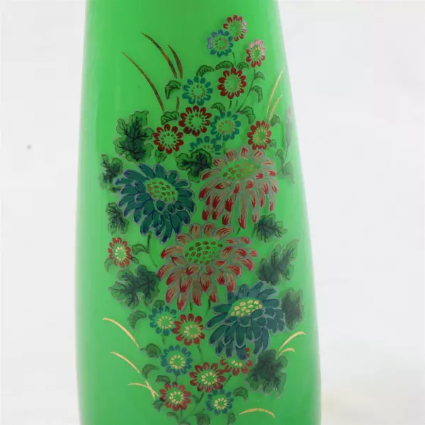 Bohemian Emerald Green Glass Bud Vase 8" Hand-Painted Floral Gilt Detail