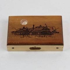 Vintage Pillbox Wooden Steamboat Engraving With Agate Moon Inlay