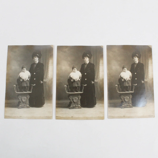Lot Of 3 RPPC Studio Portraits Woman Standing By Child On Chair Duplicate 1910s