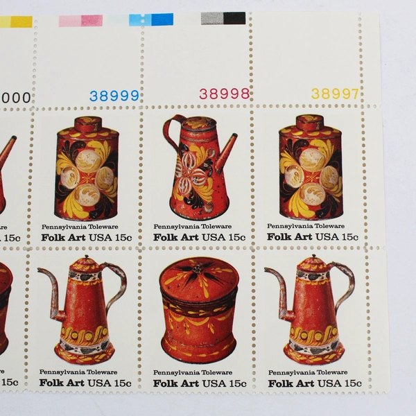 Scott #1778a Folk Art USA (Pennsylvania Toleware) Plate Block of 12 Stamps MNH