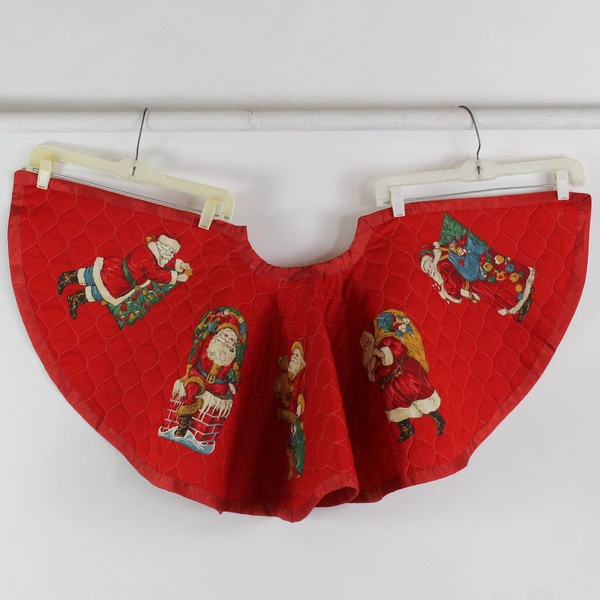 Handmade Christmas Tree Skirt 34" Red Sewn Santa Claus Decals 