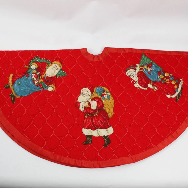 Handmade Christmas Tree Skirt 34" Red Sewn Santa Claus Decals 