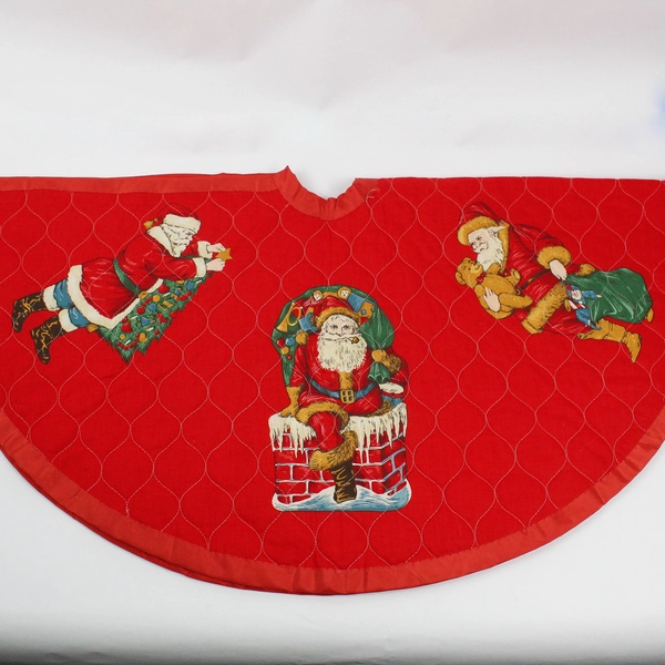 Handmade Christmas Tree Skirt 34" Red Sewn Santa Claus Decals 
