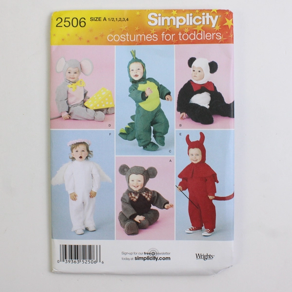 Simplicity Wrights 2506 Animals+ Costumes For Toddlers Size A (1/5, 1, 2, 3, 4)