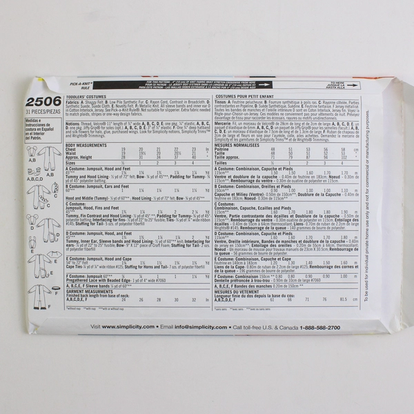 Simplicity Wrights 2506 Animals+ Costumes For Toddlers Size A (1/5, 1, 2, 3, 4)