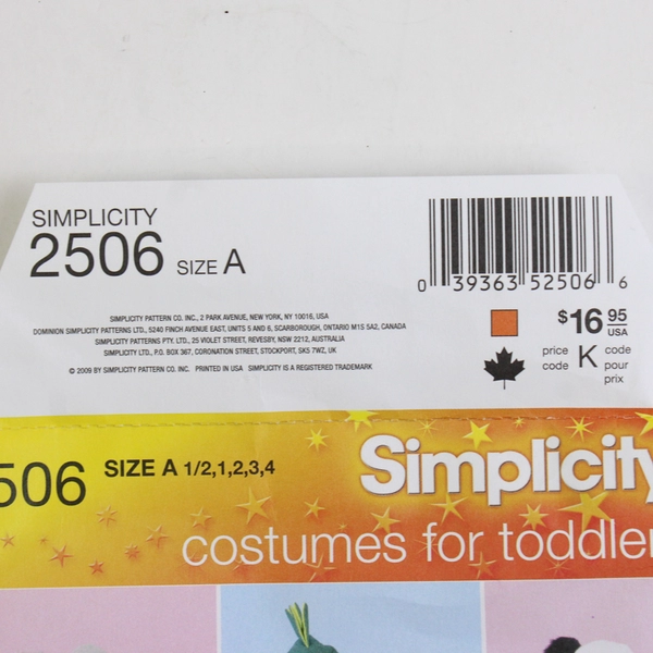 Simplicity Wrights 2506 Animals+ Costumes For Toddlers Size A (1/5, 1, 2, 3, 4)