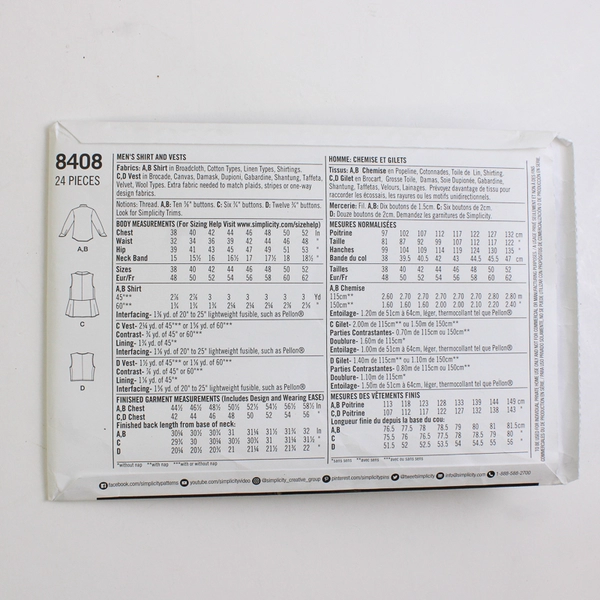 Simplicity Arkivestry Designs 8408 Shirt & Vests Costumes Men's Size BB (46-52)